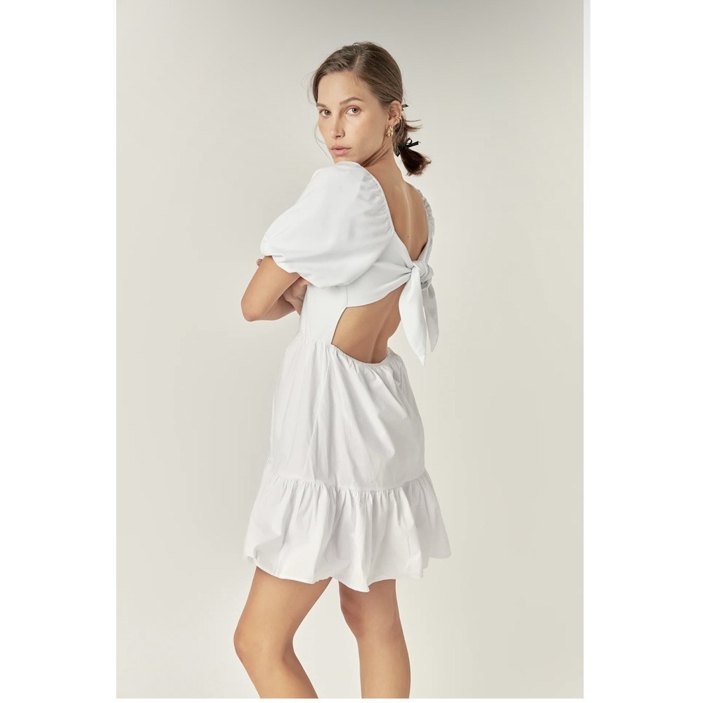 English Factory White Mini Dress Open Back Tie Puff Sleeve Mixed Media Size S - Picture 6 of 6